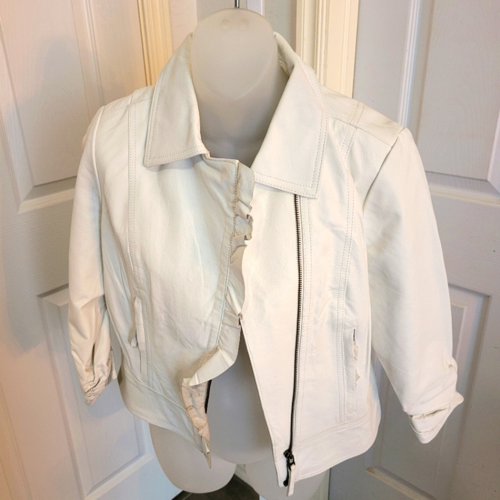 White Leather 3/4 Sleeve Jacket